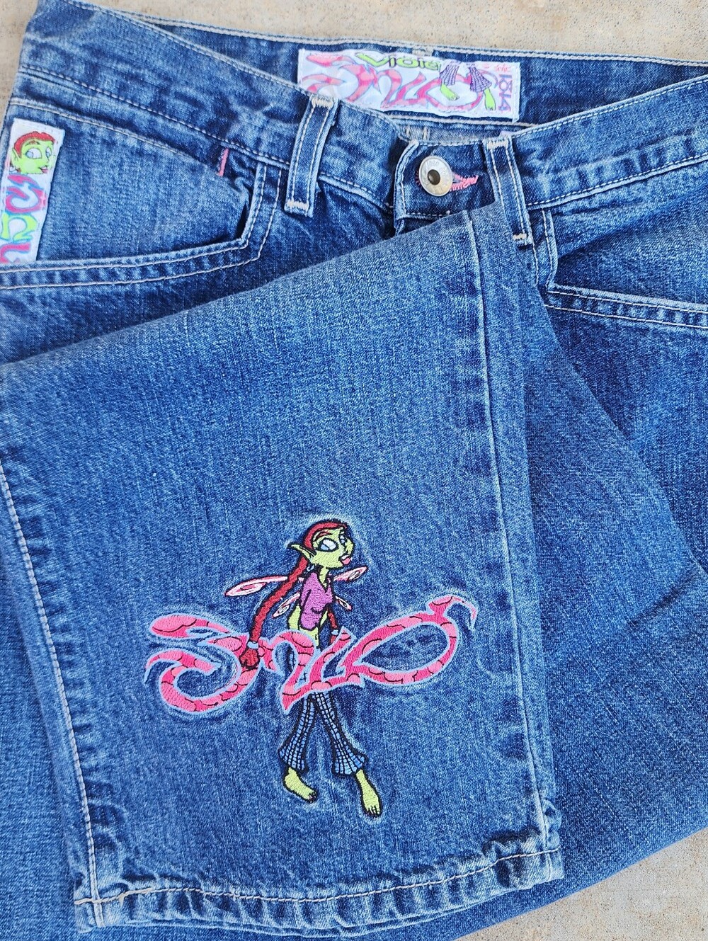 Rare JNCO Violet Vintage Y2K Blue Denim Fairy Alt Embroidered Jeans, Youth Sz 14